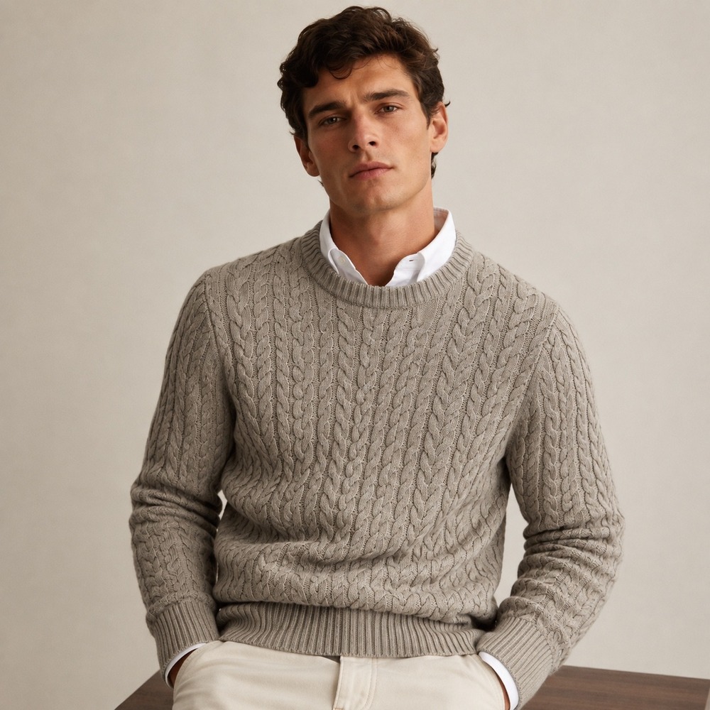 Quince Men's Cable Crewneck Sweater in Taupe